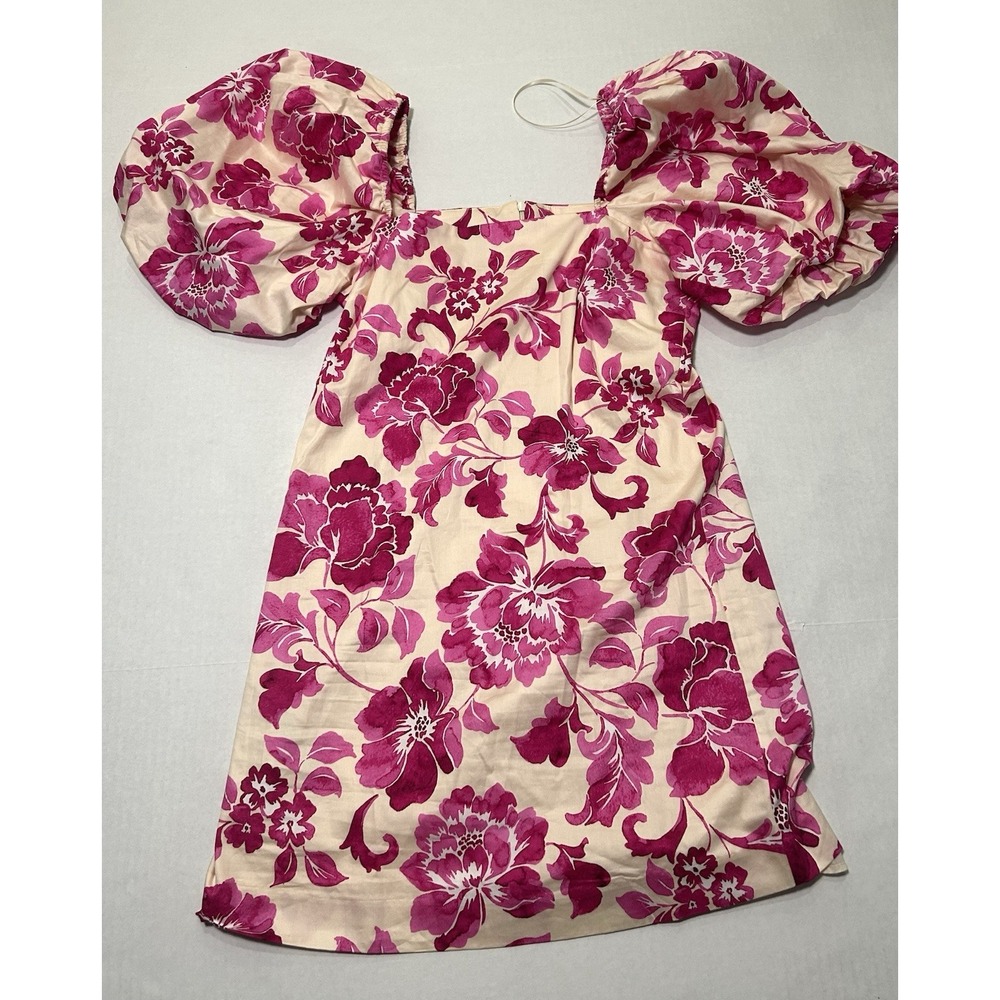 MANGO MNG Fuchsia Floral Patterned Puff Sleeve Dress 100% Cotton. Size 2